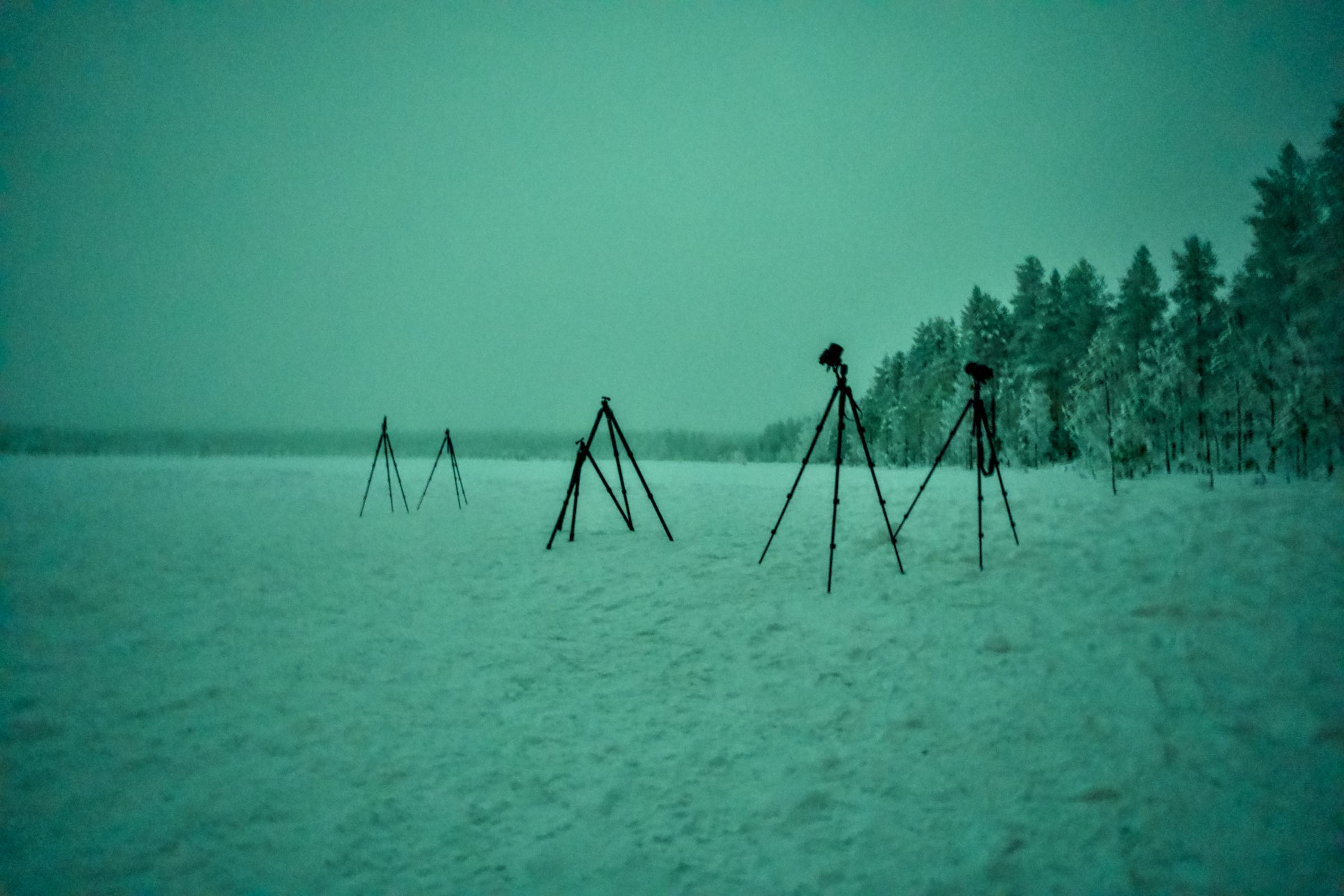 Tripods set up on the snow under a green sky